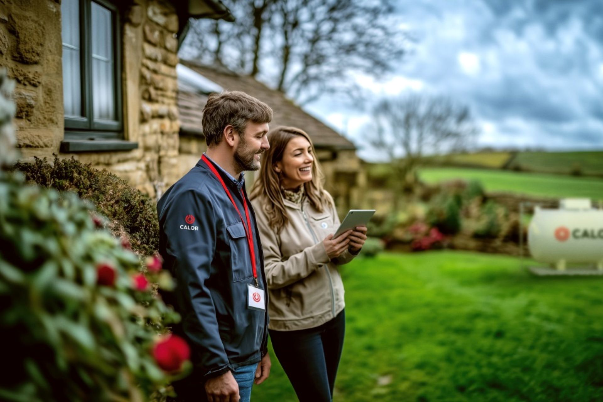 Calor engineer standing with customer in the backyard