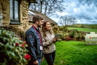 Calor engineer standing with customer in the backyard