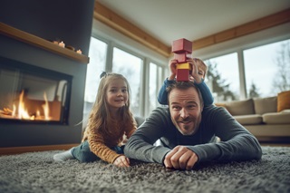 Father playing with kids in the house