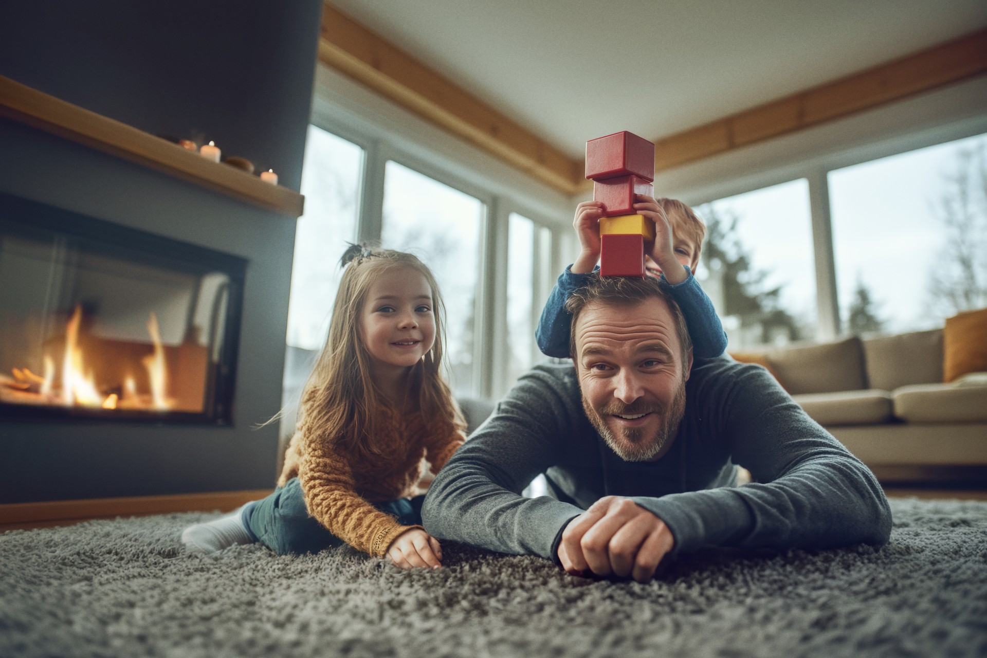 Father playing with kids in the house