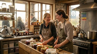 Food producers preparing locally made products in a commercial kitchen for a family-run Irish business.