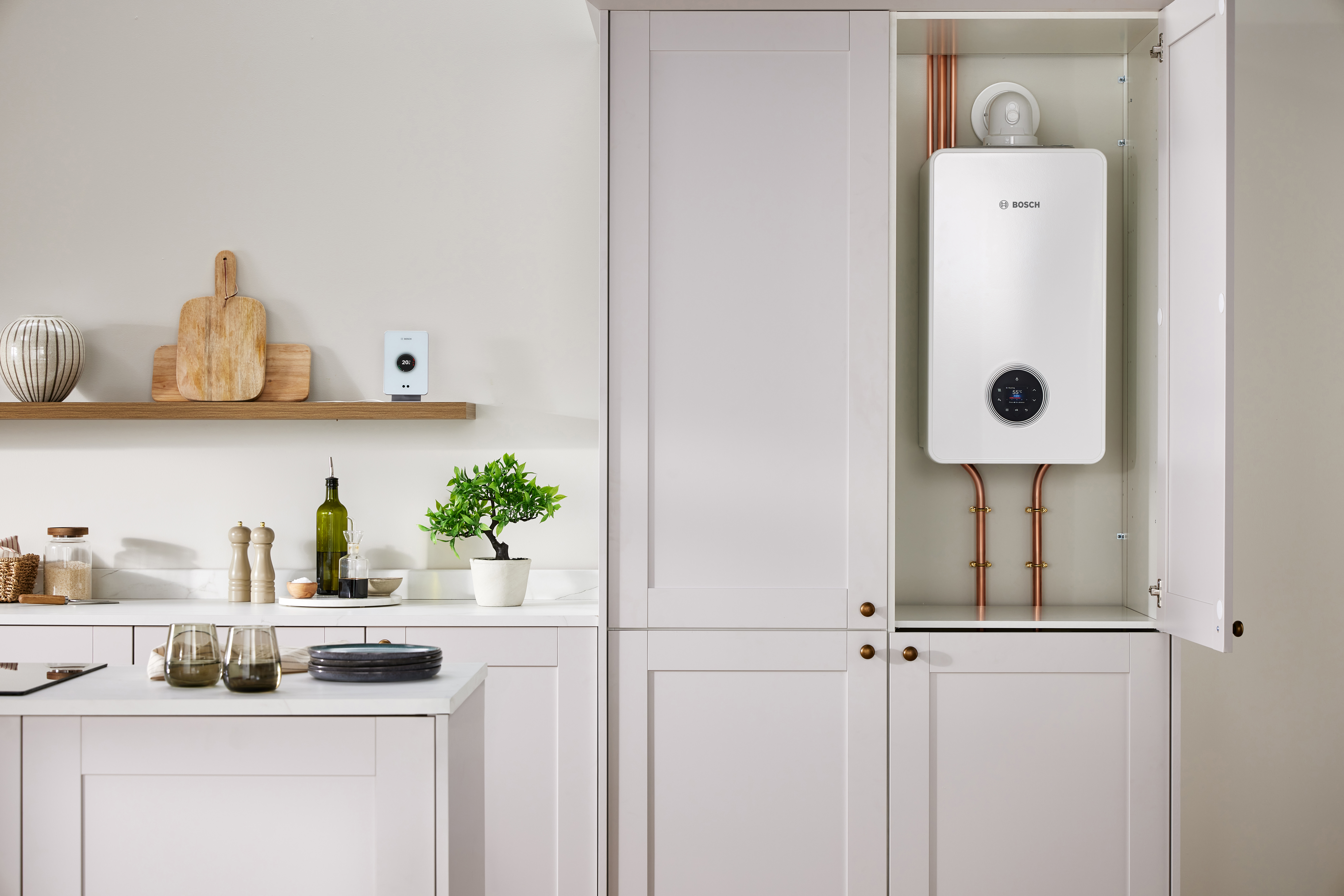 bosch gas boiler in modern cream kitchen