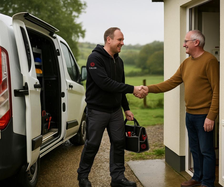 Male calor gas installer shaking hands with male customer