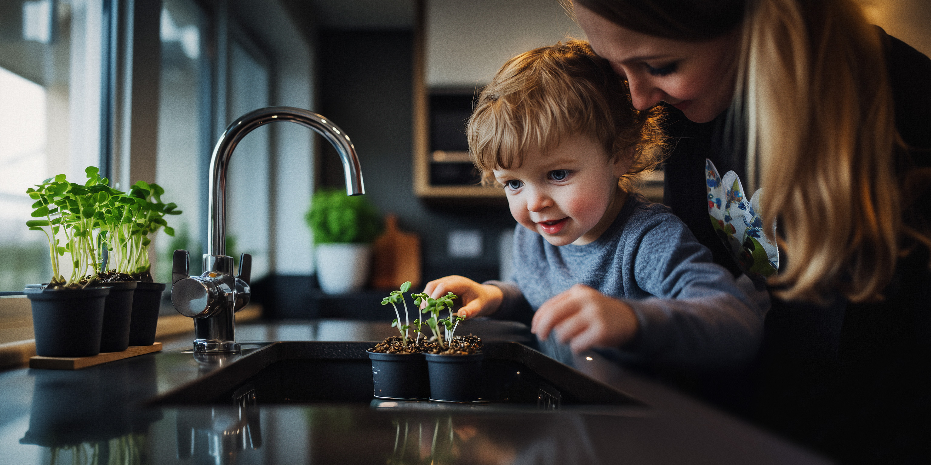 Mother and sone at kitchen sink watering plants.