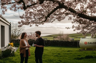 Couple standing in garden, drinking tea with a lovely landscape and Calor tank in background