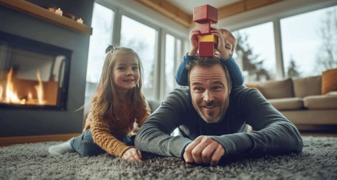 Dad playing with son and daughter in front of cosy fireplace